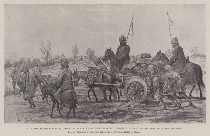Med de allierade styrkorna i Kina återvänder indiska soldater med varor och arkiv konfiskerade i byarna av Johann Nepomuk Schonberg