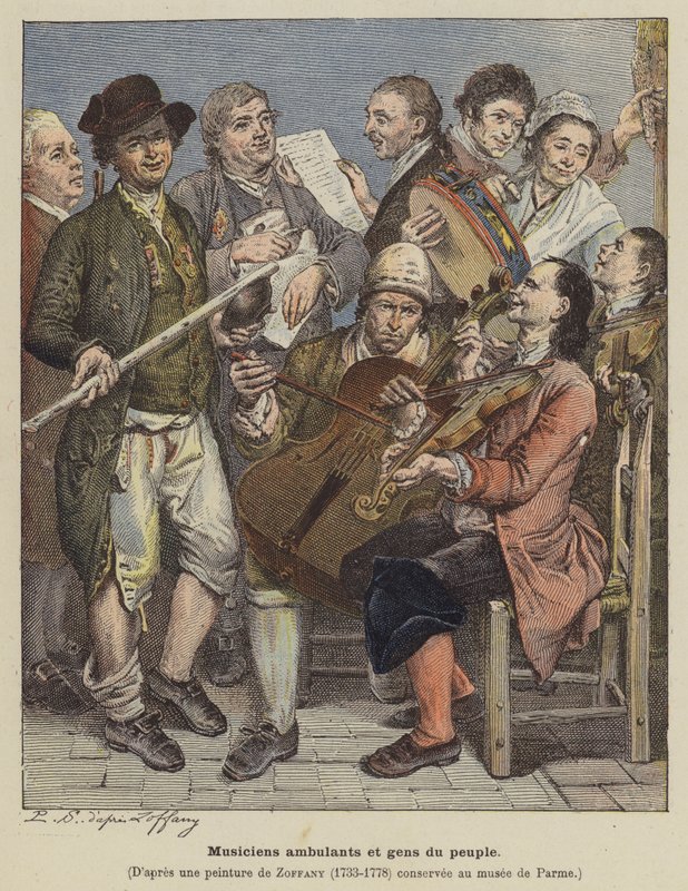 Resande musiker och vanliga människor (färg litho) av Johann (after) Zoffany