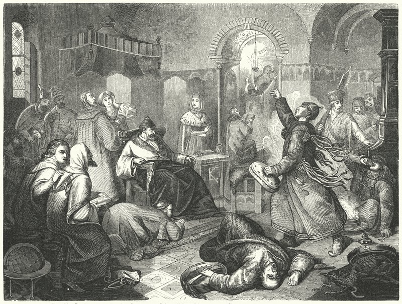 En finsk trollkarl som förutsäger Ivan den förskräckliges nära förestående död (gravyr) av Johann Karl Baehr