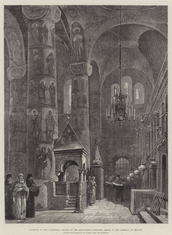 Interiör av katedralen Church of the Assumption (Uspenski Sabor) i Kreml i Moskva, där Rysslands kejsare kommer att krönas av Johann Nepomuk Schonberg