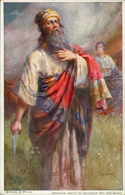 Abraham i färd med att offra sin son Isak (färglitografi) av Johannes Adolf Tillack