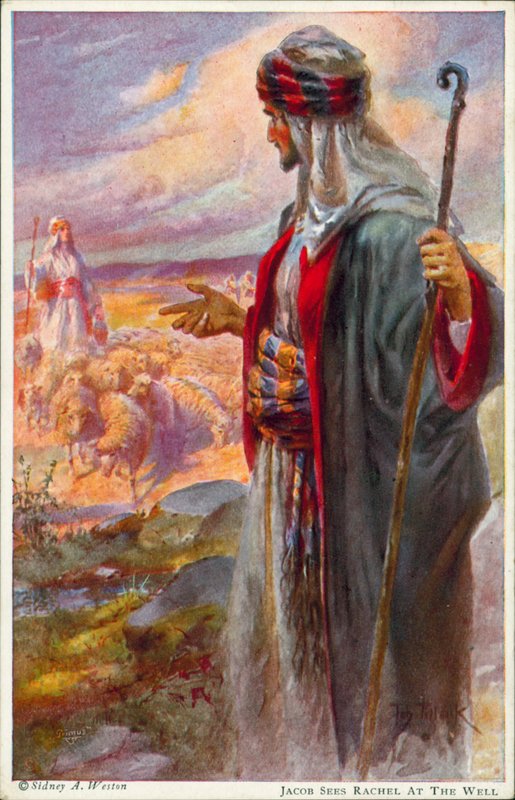 Jacob ser Rachel vid brunnen (färglitografi) av Johannes Adolf Tillack
