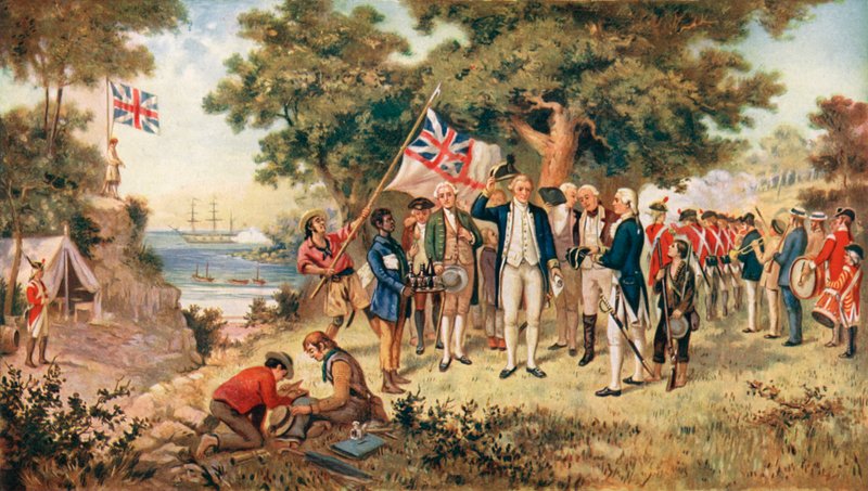 Kaptajn Cook tager det australske kontinent i besiddelse på vegne af den britiske krone, 1770 sverige av John Alexander after Gilfillan