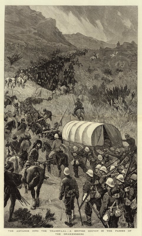 Framryckningen till Transvaal, en brittisk konvoj i Drakensbergpassagen av John Charles Dollman