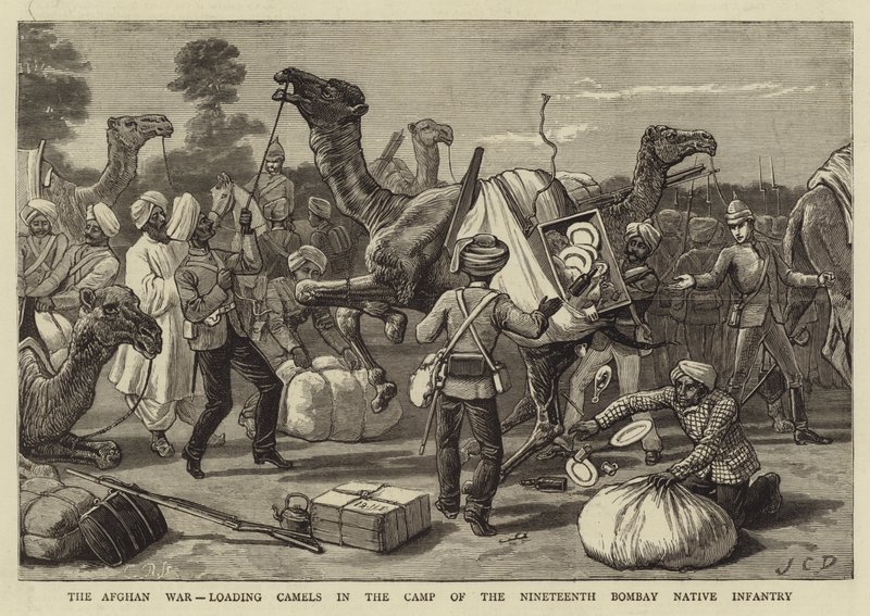 Det afghanska kriget, lastning av kameler i lägret för det nittonde infödda Bombay-infanteriet av John Charles Dollman