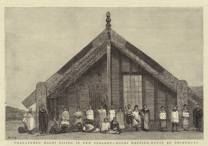 Hotade Maori-resning i Nya Zeeland, Maori Meeting-House i Ohinemutu av John Charles Dollman