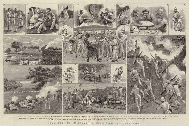 Volontärarbete i Ceylon, en skenstrid vid Kalutara av John Charles Dollman