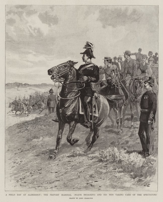 En fältdag vid Aldershot, prostmarskalken (major Broackes) och hans män som tar hand om åskådarna av John Charlton