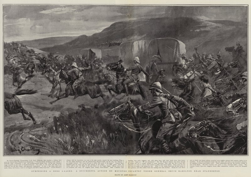 Att överraska en Boer Laager, en framgångsrik aktion av beridet infanteri under general Bruce Hamilton nära Standerton av John Charlton
