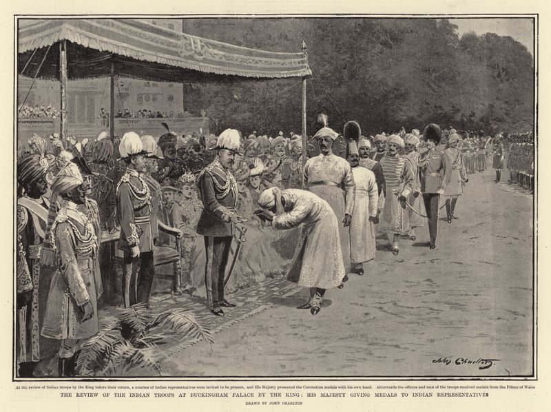 Genomgången av de indiska trupperna vid Buckingham Palace av kungen, hans majestät ger medaljer till indiska representanter av John Charlton