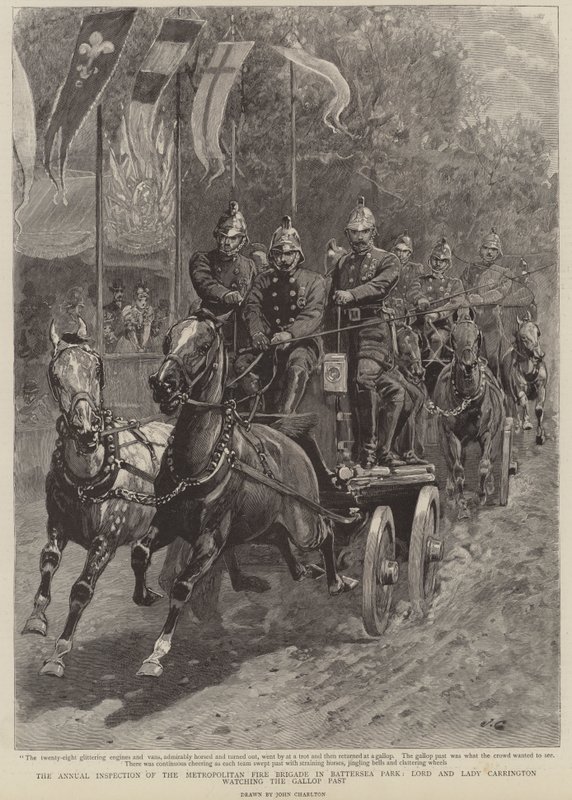 Den årliga inspektionen av The Metropolitan Fire Brigade i Battersea Park, Lord och Lady Carrington tittar på galoppen förbi av John Charlton