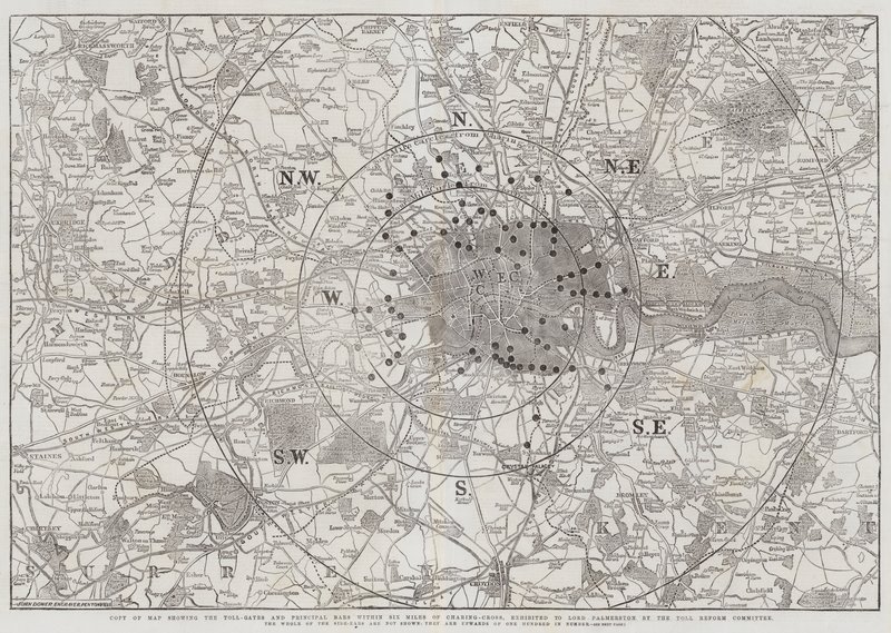 Kopia av karta som visar Toll-Gates och Principal Bars inom Six Miles of Charing-Cross, utställd för Lord Palmerston av Toll Reform Committee av John Dower