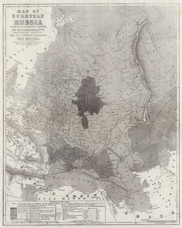Karta över det europeiska Ryssland som visar dess tidigaste omfattning, dess intrång i angränsande länder och imperiets nuvarande gräns av John Dower