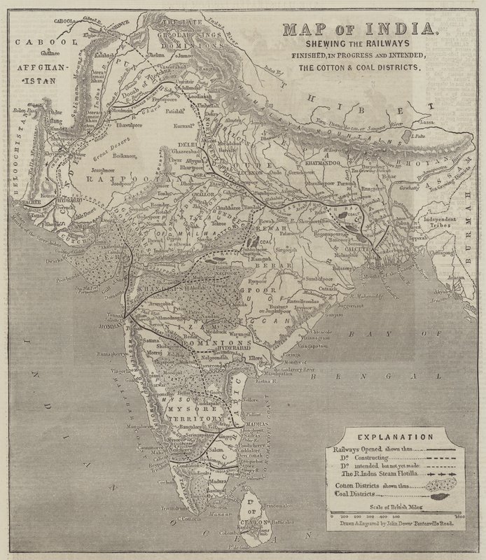 Karta över Indien, som visar järnvägarna färdiga, pågår och planeras, bomulls- och koldistrikten av John Dower