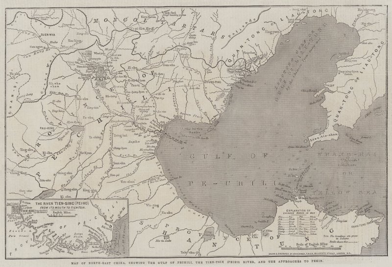 Karta över nordöstra Kina, som visar Pechilibukten, floden Tien-Tsin (Peiho) och inflygningarna till Pekin av John Dower
