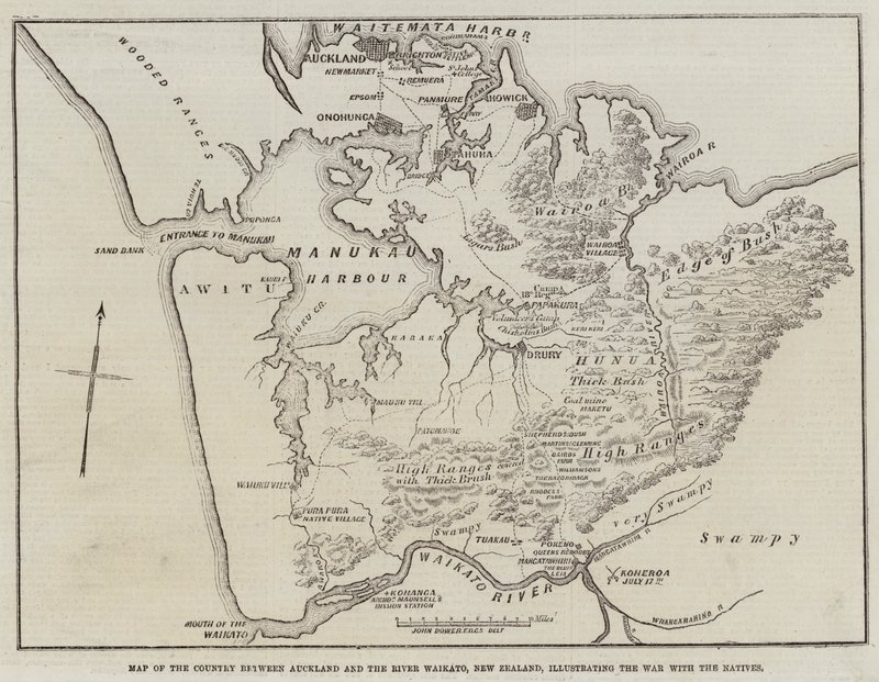 Karta över landet mellan Auckland och floden Waikato, Nya Zeeland, som illustrerar kriget med de infödda av John Dower