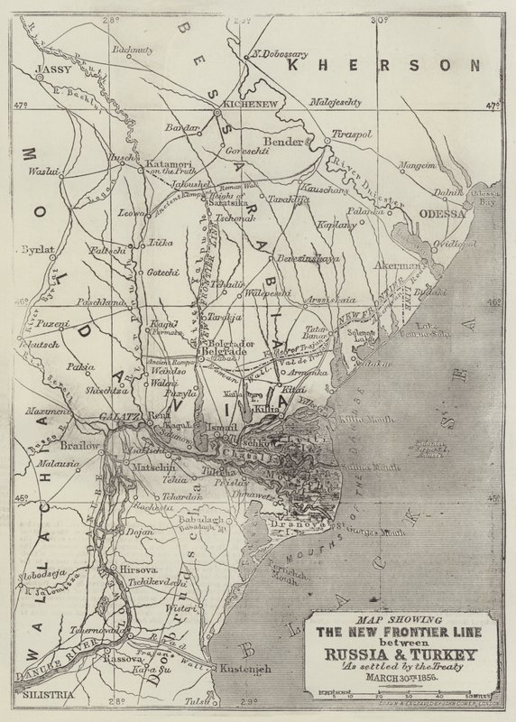 Karta som visar den nya gränslinjen mellan Ryssland och Turkiet enligt fördraget, 30 mars 1856 av John Dower