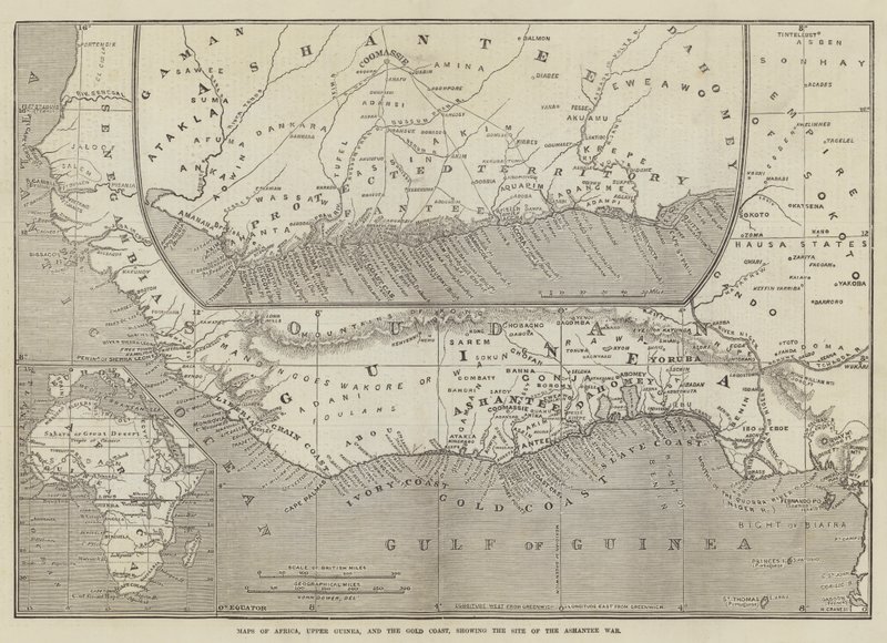 Kartor över Afrika, Övre Guinea och Guldkusten, som visar platsen för Ashantee-kriget. av John Dower