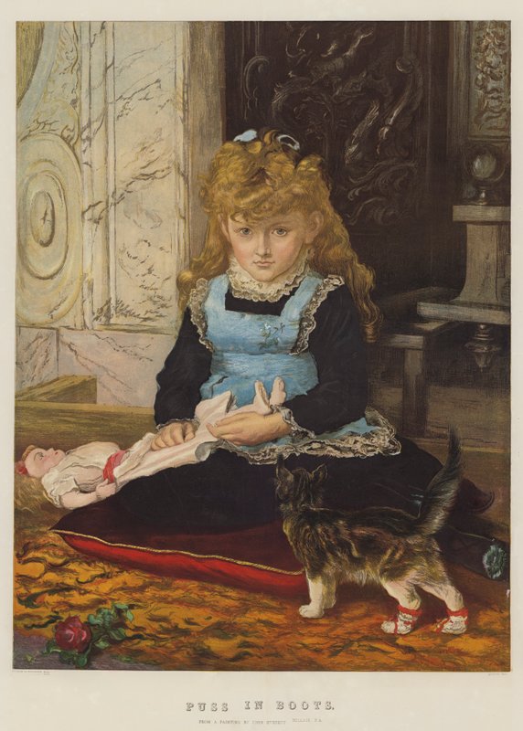 Katt i stövlar (chromolitho) av John Everett Millais