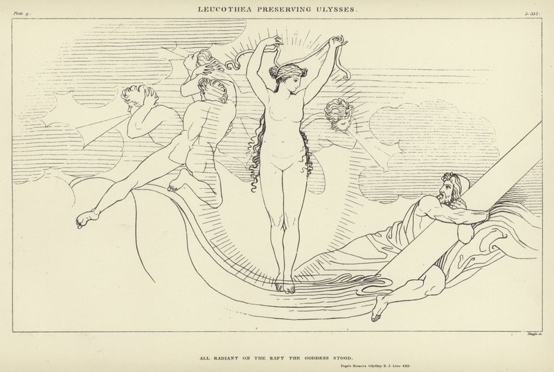 Leucothea bevarar Odysseus av John Flaxman