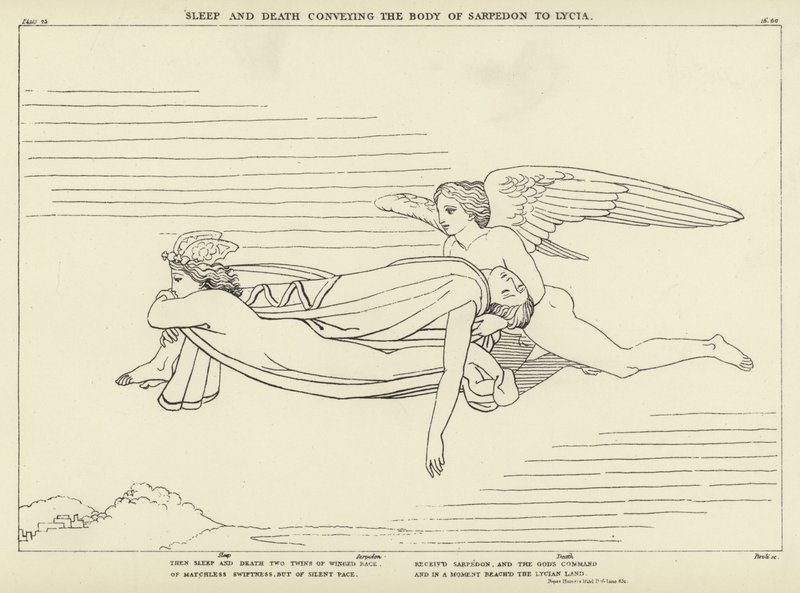 Sömnen och döden transporterar Sarpedons kropp till Lykien. av John Flaxman