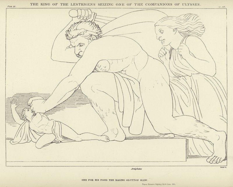 Kungen av Lestrigenerna griper en av Ulysses följeslagare av John Flaxman