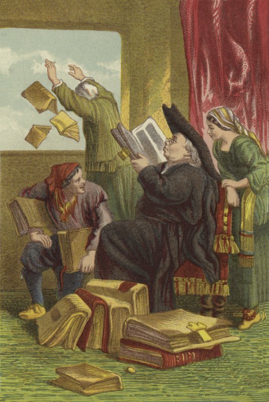Förstörelse av Don Quijotes bibliotek (chromolitho) av John Gilbert