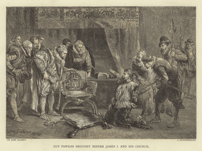 Guy Fawkes ställde inför James I och hans råd av John Gilbert