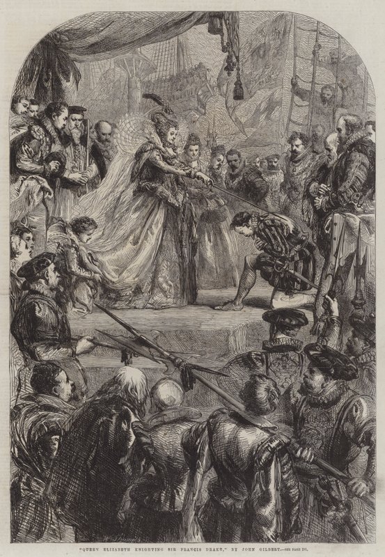 Drottning Elizabeth adlade Sir Francis Drake till riddare av John Gilbert