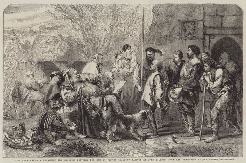 Sir John Falstaff undersöker de rekryter som tillhandahållits för honom av Justice Shallow av John Gilbert