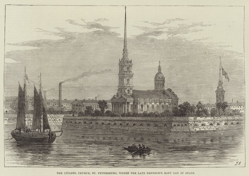 Citadellkyrkan, St Petersburg, där den bortgångne kejsarens kropp låg i staten av John Gilbert