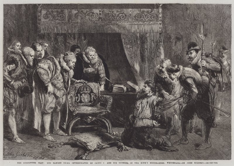 Krutkomplotten, Guy Fawkes förhörs av James I och hans råd i kungens sängkammare, Whitehall. av John Gilbert