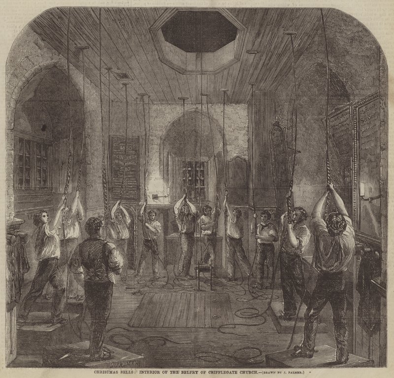 Julklockor, interiör av klockstapeln i Cripplegate Church av John Palmer