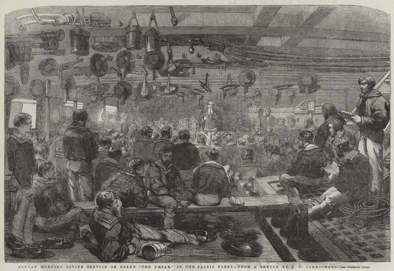 Söndag morgon gudstjänst ombord på Caesar, i Östersjöflottan av John Wilson Carmichael