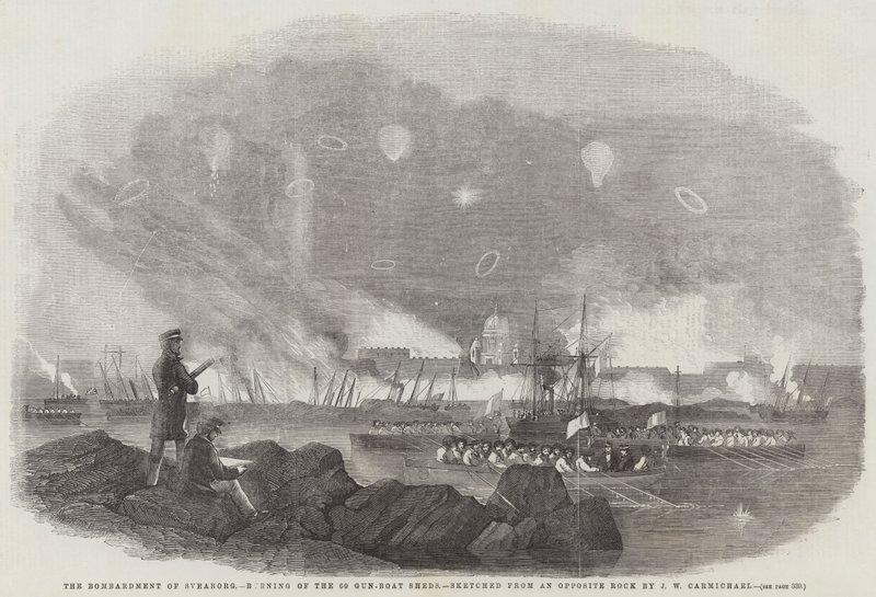 Bombarderingen av Sveaborg, bränning av de 60 kanonbåtsbodarna, skissad från en motsatt klippa av John Wilson Carmichael