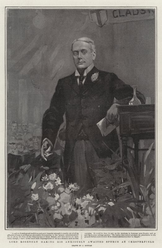 Lord Rosebery håller sitt efterlängtade tal i Chesterfield av after John Duncan