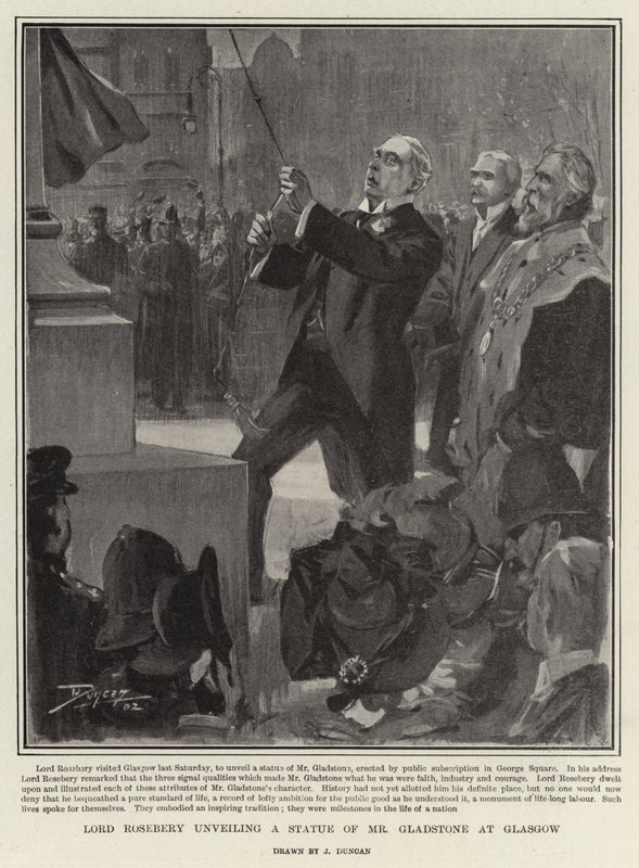 Lord Rosebery avtäcker en staty av Mr Gladstone i Glasgow av after John Duncan