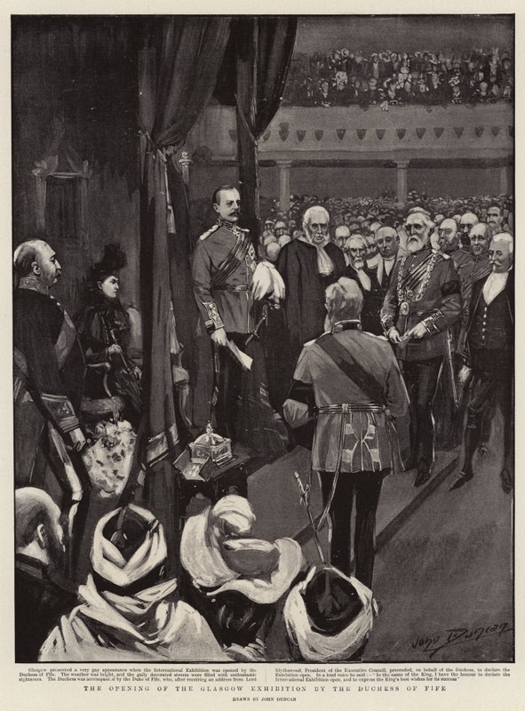 Invigningen av Glasgow-utställningen av hertiginnan av Fife av after John Duncan