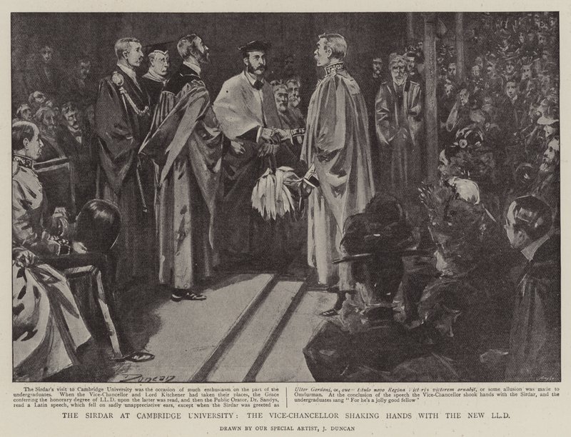 Sirdaren vid Cambridge University, rektor som skakar hand med den nya LLD-utbildningen. av after John Duncan
