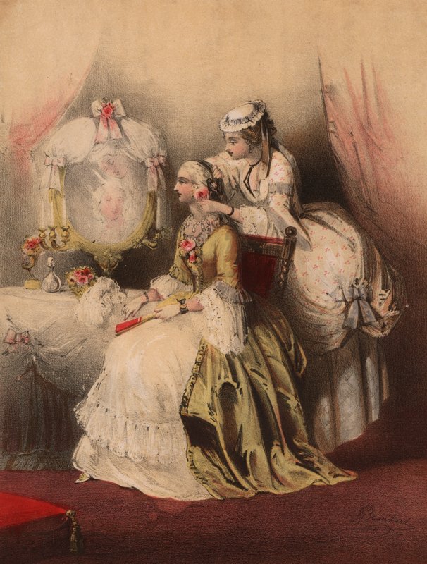 Marie Antoinette med sin hembiträde (färg litho) av John (after) Brandard