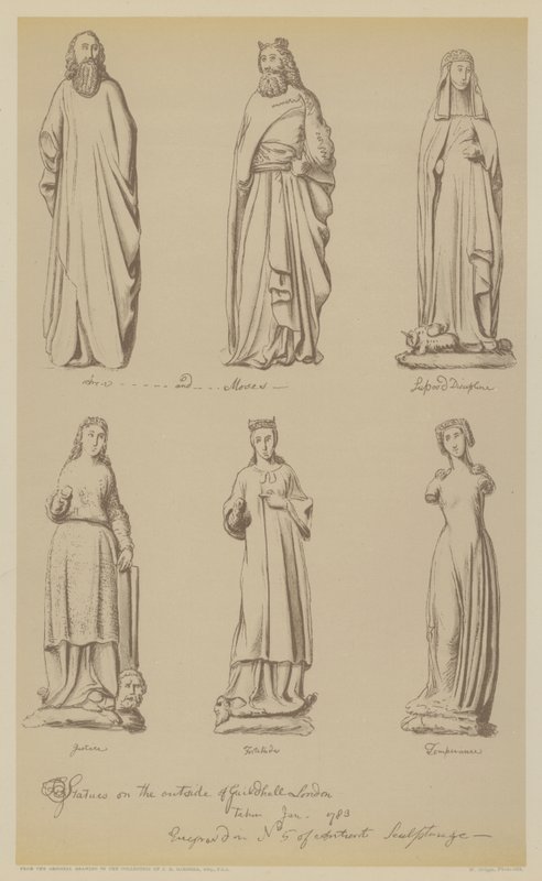 Statyer på utsidan av Guildhall, City of London (litho) av John (after) Carter