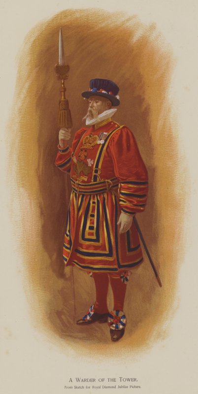 A Warder of the Tower (färg litho) av John (after) Charlton