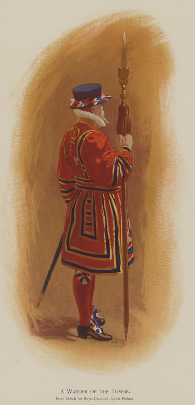 A Warder of the Tower (färg litho) av John (after) Charlton