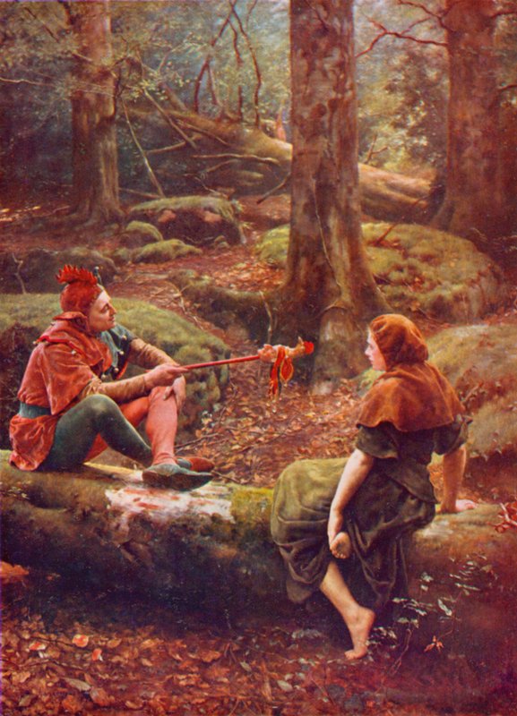 Shakespeare: Touchstone and Audrey in the Forest of Arden, As You Like It, Act III, Scene 3 (färg litho) av John (after) Collier