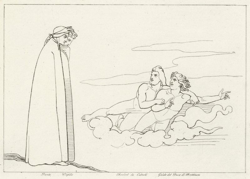 Ett samtal med Guido Di Brettinoro, skärselden, Canto 14 (gravyr) av John (after) Flaxman