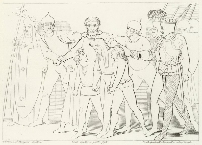 Greve Ugolino beslagtagen, Inferno, Canto 33 (gravyr) av John (after) Flaxman