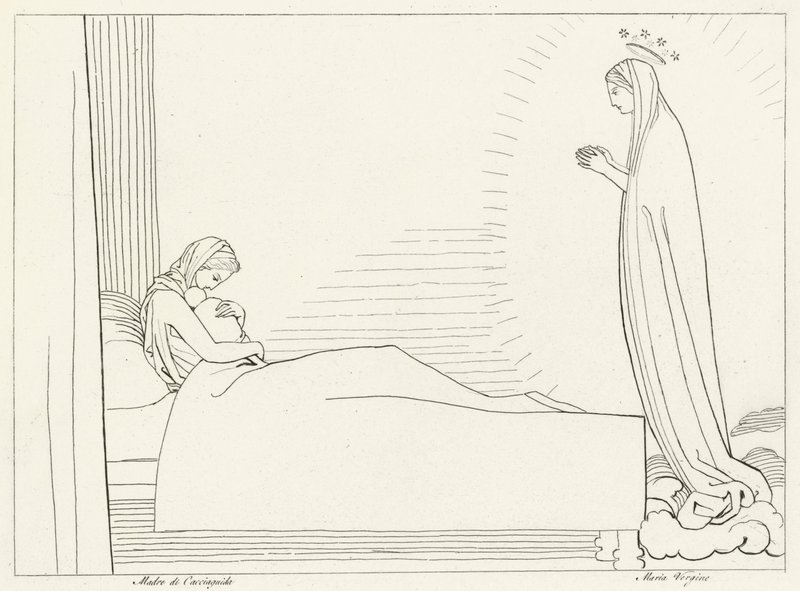Cacciaguidas födelse, Paradise, Canto 15 (gravyr) av John (after) Flaxman