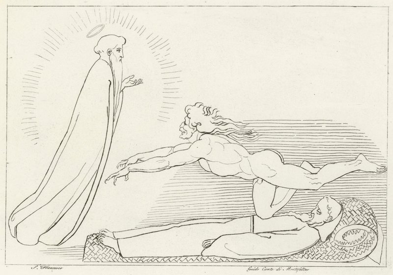 Striden om Guido De Montefeltro, Inferno, Canto 27 (gravyr) av John (after) Flaxman