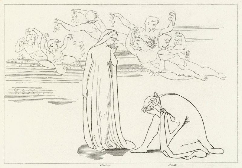 Beatrices härkomst, skärselden, Canto 30 (gravyr) av John (after) Flaxman
