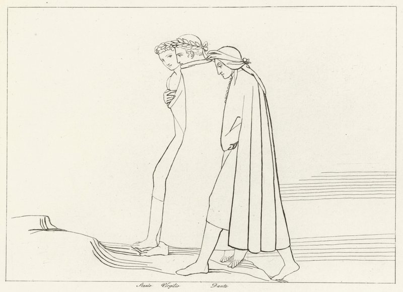 Mötet med Statius, skärselden, Canto 21 (gravyr) av John (after) Flaxman